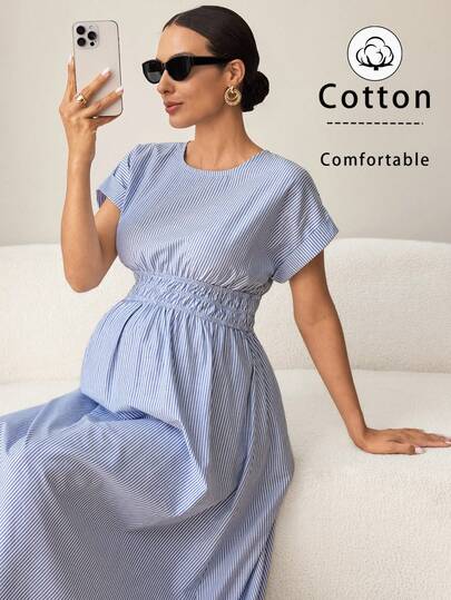 MaterniWear Đầm bầu cổ tròn tay raglan ống tay bo eo kẻ sọc