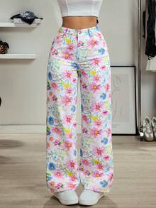 SHEIN EZwear Quần jean denim nữ in hoa kiểu dáng thường ngày - Nhiều màu - Xem 5