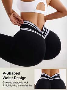 With My Calm With My Calm Women's Solid Color High Waist Elastic Leggings V-Shaped Waist Leggings Active Wear Bottoms Sports Leggings - Black - View 2