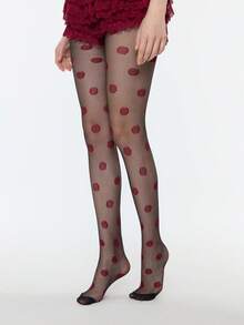 ROMWE Kawaii 1 đôi quần tất nữ họa tiết trái tim bạc, phong cách tối giản, thoải mái cho mọi mùa, mặc hàng ngày. - Đỏ đen 2 - Xem 5