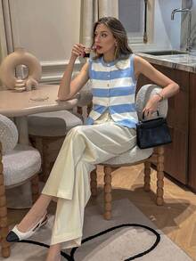 Pariaura Young Fashionable Minimalist French Style Daily Commute Vacation Black & White Striped Round Neck Asymmetrical Metal Button Asymmetric Hem Split Front Knit Fitted Top, Versatile Rib Knit, Spring/Summer/Autumn Baby Blue Office - Mint Blue - View 5