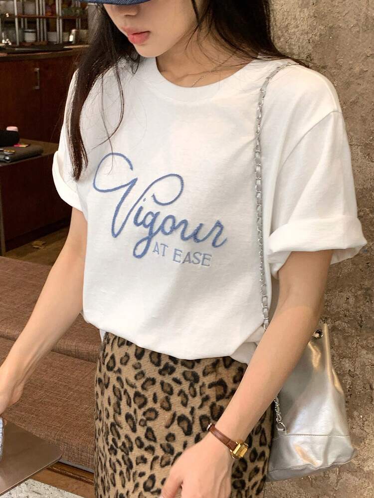 Women's Casual Letter Embroidery Short Sleeve T-Shirt, Summer