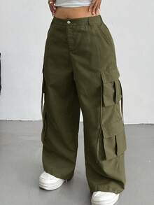 SHEIN Tall CURVE 大码女式纯色纽扣工装休闲阔腿裤，日常百搭 - 軍綠色 - 查看 5