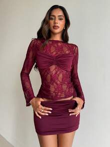 Aloruh Women's Elegant Round Neck Lace Patchwork Top And High Waist Mini Skirt 2 Piece Set,Valentine Outfits For Women,Party Sets For Women - Burgundy - View 3