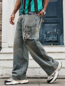 GALLERY FADE Men's Retro American Street Style Distressed Graffiti Print Denim Jeans Baggy Jeans Men Baggy Jeans Streetwear Men Wide Leg Jeans, Perfect Holiday Gift For Boyfriend & Husband