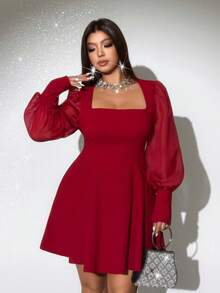 Viva Relle Đầm dài tay phồng cổ vuông gợi cảm cỡ lớn - Đỏ - Xem 5