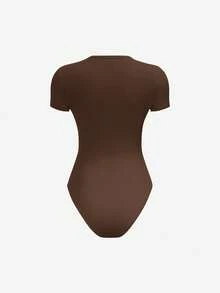 SHEIN BASICS Casual Solid Color Knit Crew Neck For Women Bodysuits For Women Brown Bodysuit Summer Clothes - Brown - View 3