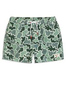 Manfinity VDAYZ Pantalones cortos de playa casuales con cintura elástica y bolsillos, de camuflaje para hombres - Verde Oliva - Ver 3