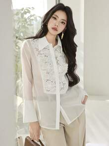 Modelyn Women's Solid Color Loose Long Flare Sleeve Elegant Lace Blouse - White - View 4