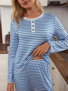 Doze Lane American Casual Striped Print Contrast Color Button Long Sleeve & Pants Women Pajama Set Coastal Pajamas Striped Pajama Set Long Sleeve Lounge Set Blue And White Pajamas Blue Pajama Set Women - Blue - View 6