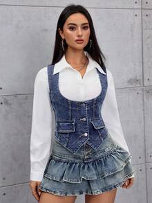 SHEIN Tall Women's Casual Denim Vest - Blue - View 3