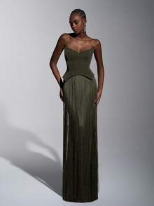 Elitara 优雅奢华性感针织亮片露肩猫领腰部流苏装饰修身连衣裙，适合晚宴、展览、商务活动等正式场合，女士晚礼服 - 軍綠色 - 查看 3