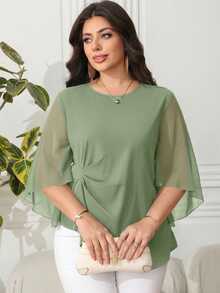 Reflora Plus Size Women's Elegant Chiffon Ruffle Sleeve Slim Fit Blouse, Spring/Summer Fall - Green - View 6