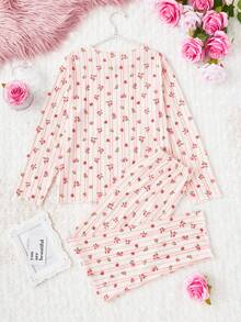 2件套女童碎花针织长袖上衣和裤子睡衣套装，春夏款 - 粉色 - 查看 2