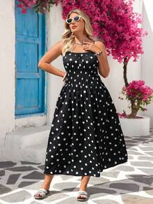 Vivid Eden 大码波点印花休闲度假吊带裙 - 黑色 - 查看 5