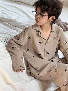 DAZY Tween Boy All-Over Print Button-Front Long Sleeve Top And Pants Pajama Set