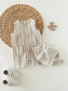 SHEIN 两件套，含赠送帽子：新生儿夏季杏色条纹圆领无袖连体衣和度假休闲渔夫帽 - 旅行必备 - 卡其色 - 查看 5