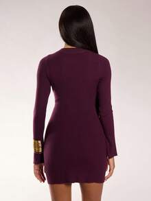 Normani Women's Dark Purple Elegant Hollow Out Metal Buckle Decor Fitted Mini Sweater Dress,Autumn Chic Night Out Solid Winter Party Birthday Clothes - Burgundy - View 2