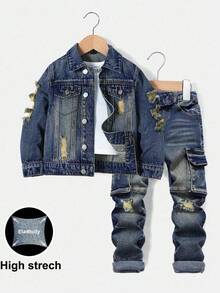 SHEIN 2 件套 Young BoyBlue 牛仔破洞领长袖夹克和弹力紧身裤套装 - 深色水洗藍 - 查看 2