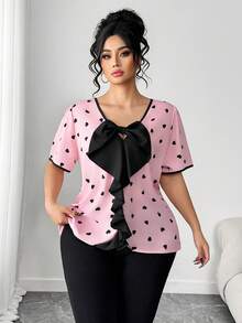 Elenzga 大码女式粉色爱心蝴蝶结装饰撞色可爱爱心休闲衬衫，适合外出、海滩、聚会、优雅工作、连衣裙、休闲上衣，也适合返校、毕业典礼、情人节、音乐节、母亲节、万圣节、感恩节、复活节、国庆节、舞会、约会、派对、婚礼、户外旅行等场合。可爱上衣，大码曲线，大码女式衬衫，大码女式上衣，大码女式衬衫，女士可爱上衣。 - 粉色 - 查看 5
