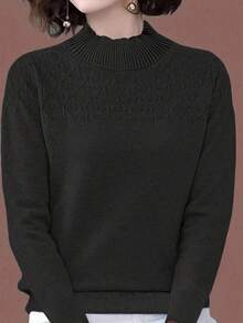 EMERY ROSE 纯色高领长袖休闲毛衣，长袖上衣，针织套头衫，秋冬款 - 黑色 - 查看 5