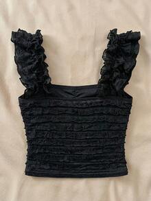 SHEIN TEENGIRL Summer White Vacation Cap Sleeve Lace Blouse, Textured Fitted Lace Top, Suitable For Afternoon Tea, Beach Vacation - Black - View 2