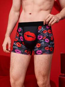 Notgurli Valentine's Day Lip Print Romantic Contrast Color Cartoon Graffiti Comic Street Style Family Party Men's Mid-Rise Briefs, Romantic Gift - Black - View 9