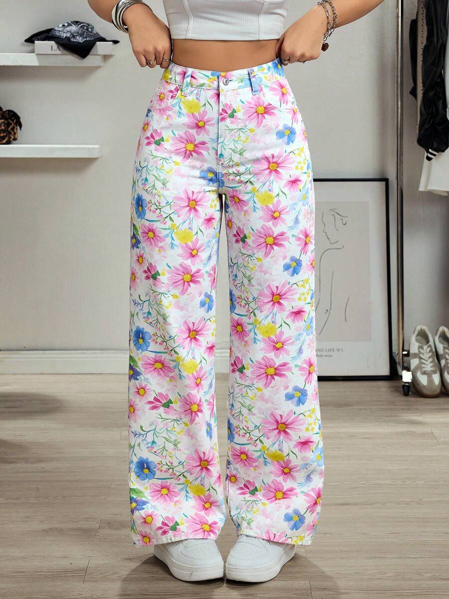 SHEIN EZwear Women's Floral Print Casual Denim Jeans - Multicolor - View 1
