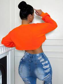 休闲字母数字印花短款卫衣，春秋季 - 橘色 - 查看 2