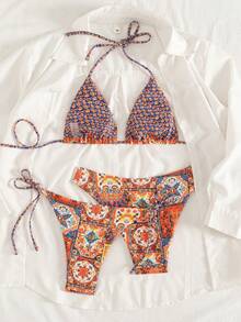 Swim Vcay 针织假日派对郊游海滩数码印花新年性感沙滩裙冬季度假吊带圣诞节爆款优雅夏季女士三件套三角杯扎染比基尼泳衣 - 彩色 - 查看 2