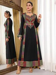 Al Najma Gaun Wanita Lengan Panjang Motif Kontras Gaya Arab - Hitam - View 7