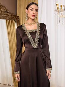 Al Najma Women's Elegant Waist Tie Arabic Style Dress - Brown - View 4