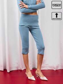 COUREZ 低腰针织七分裤搭配叠层半裙 / Y2K 秋季女装 秋季休闲可爱女装外出穿搭 - 霧霾藍 - 查看 1