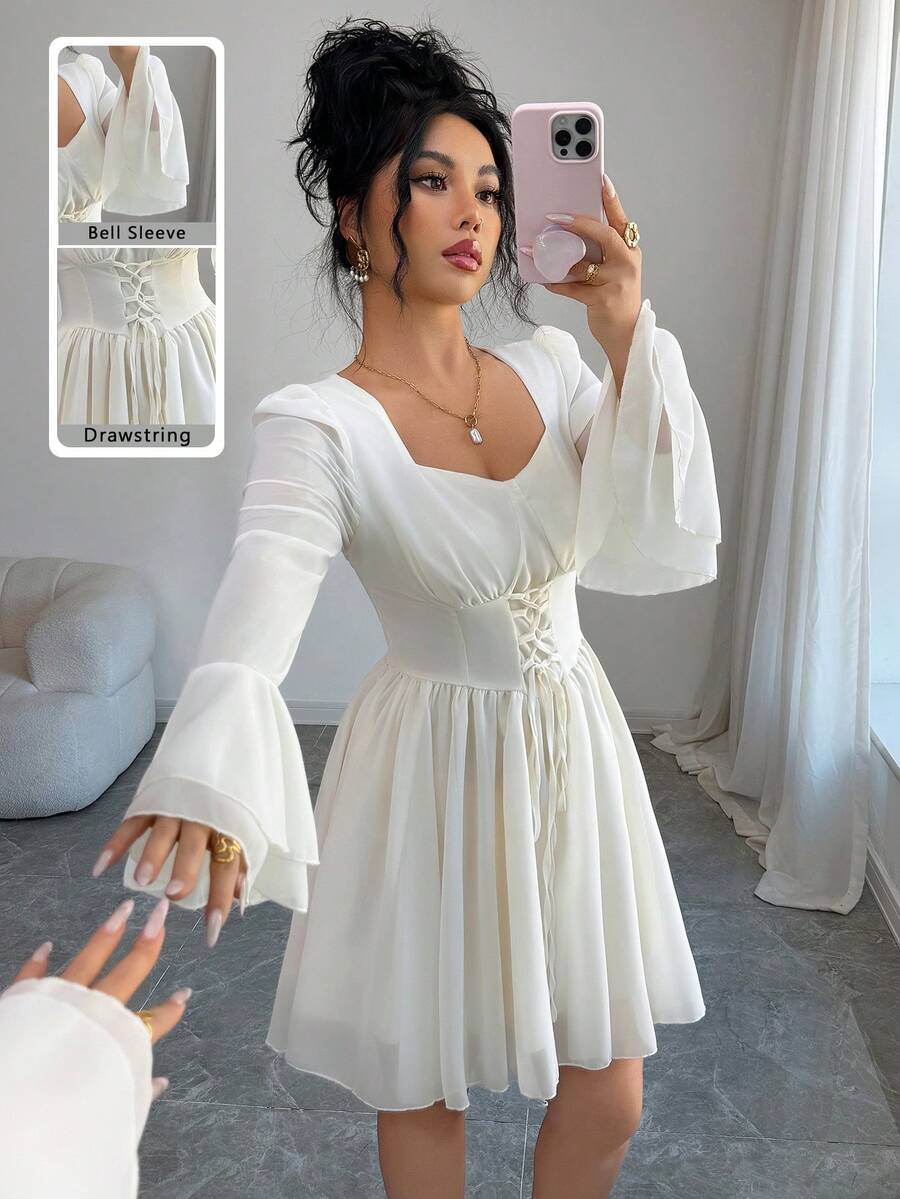 Modelyn Chân váy mini xòe tay bồng bằng chiffon thắt nơ cổ tim thời trang - Màu be - Xem 1