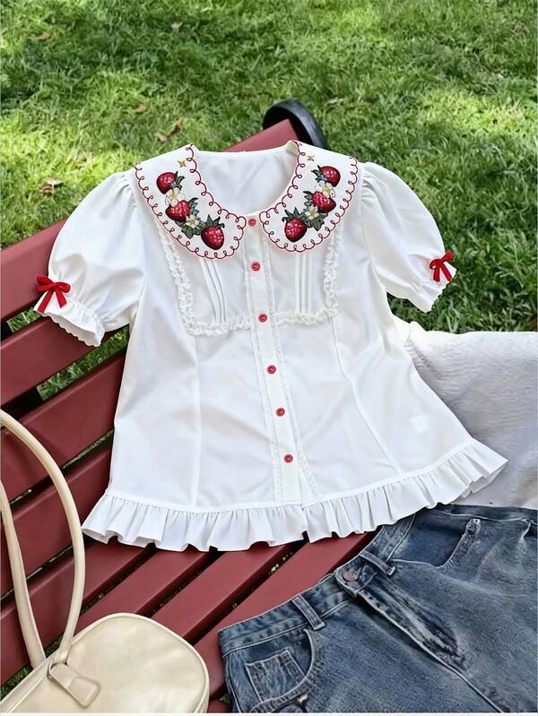 Sweetra Plus Size Peter Pan Collar White Short Sleeve Front Button Strawberry Decor Ruffle Hem Casual Sweet Short Sleeve Slim Fit Blouse
