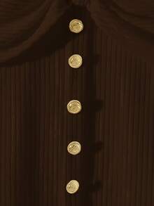 Franclia 女士纯色杏色针织弹力修身罗纹高领蝴蝶结纽扣装饰长袖露肩T恤，休闲法式优雅杏色上衣，秋冬季百搭日常穿着 - 棕色 - 查看 3