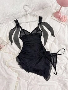PetitDoll 2pcs Set Sheer Ruffle Asymmetrical Hem Mini Dress, Going Out Sheer Lingerie Set - Black - View 2