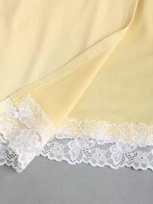 Sweetra Women's Summer V-Neck Contrast Lace Short Sleeve T-Shirt With Front Tie Design And Hem Slit, Light Yellow - Yellow - View 3