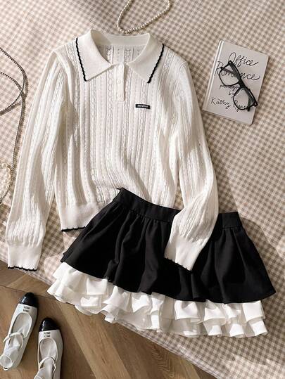 Muvela 春夏新款白色钩针波浪花瓣撞色滚边设计半开襟单排领字母装饰女士针织衫，复古学院风 Y2K 时尚休闲办公夏季度假海滩派对约会毕业返校百搭时尚