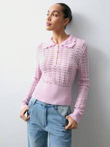 Maija Valentine's Day Pink Long Sleeve Semi-Sheer Crochet Knit Sweater Spring Women Holidays For Women - Pink - View 8