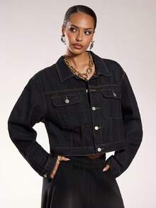 Normani Premium Denim Contrast Stitch Denim Jacket - Navy Blue - View 5