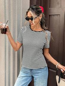 Pariaura Women's New Striped Backless Bow Knit Top, Cropped Backless T-Shirt Striped Top Open Back Top Striped T-Shirt Backless Top With Bows Bow Back Top Short Sleeve Striped Top - Black and White - View 2