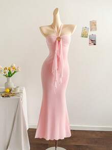 Soleia 女士度假蓝色针织网纱浪漫修身露背系带金属扣装饰鱼尾连衣裙，适合派对、圣诞节、约会、夜店、波西米亚风、度假、秋季等场合。 - 粉色 - 查看 4