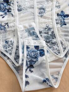 Soleia Leopard Print Bustier Lace Trim Bodysuit, Sexy Backless Spaghetti Strap Slim Fit Bodysuit For Holiday, Party, Date, Valentine's Day, Afternoon Tea - Blue and White - View 6