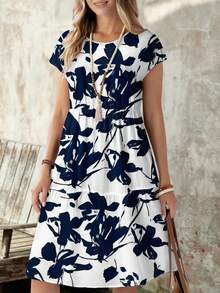 EMERY ROSE 女士休闲宽松圆领短袖中长连衣裙，适合春夏穿着，优雅碎花连衣裙，蓝白碎花连衣裙，休闲款 - 彩色 - 查看 6