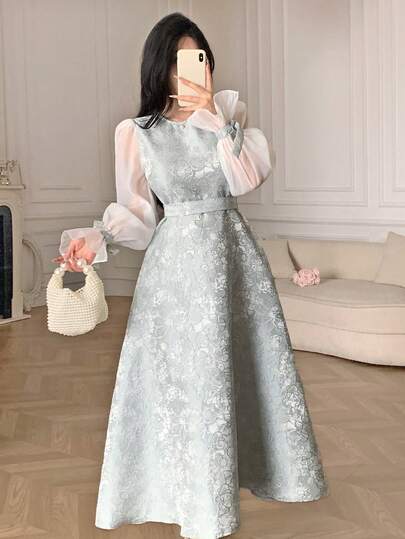 Feyla New Design Patchwork Embroidery Jacquard Cinched Waist Elegant Party Romantic Vacation Everyday Versatile Dress