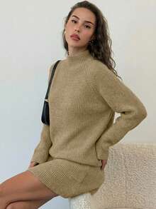 Aloruh Conjunto de 2 piezas de punto acanalado suave, suéter de cuello alto de manga larga y falda mini, conjunto casual de primavera para mujeres - Caqui - Ver 7