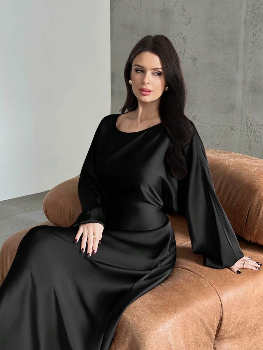 Firerie Robe élégante, romantique, décontractée et polyvalente pour femmes. Col rond, manches longues chauve-souris, taille nouée, coupe évasée. Couleur café. Tenue idéale pour les enseignantes, style automnal. Vêtements femme automne/hiver, robe marron - Noir - Voir 1