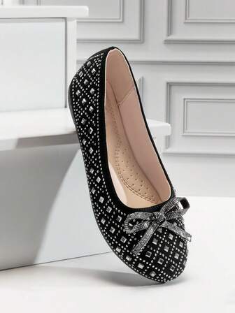 Mini mi Bailarinas de punta redonda para niñas #PrincessGlam, con lazo de strass, color negro mate y acabado brillante - Elegantes, vistosas y cómodas