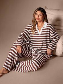 Lazeform Plus Size Loose Striped Long Sleeve Pajama Set - Multicolor - View 1